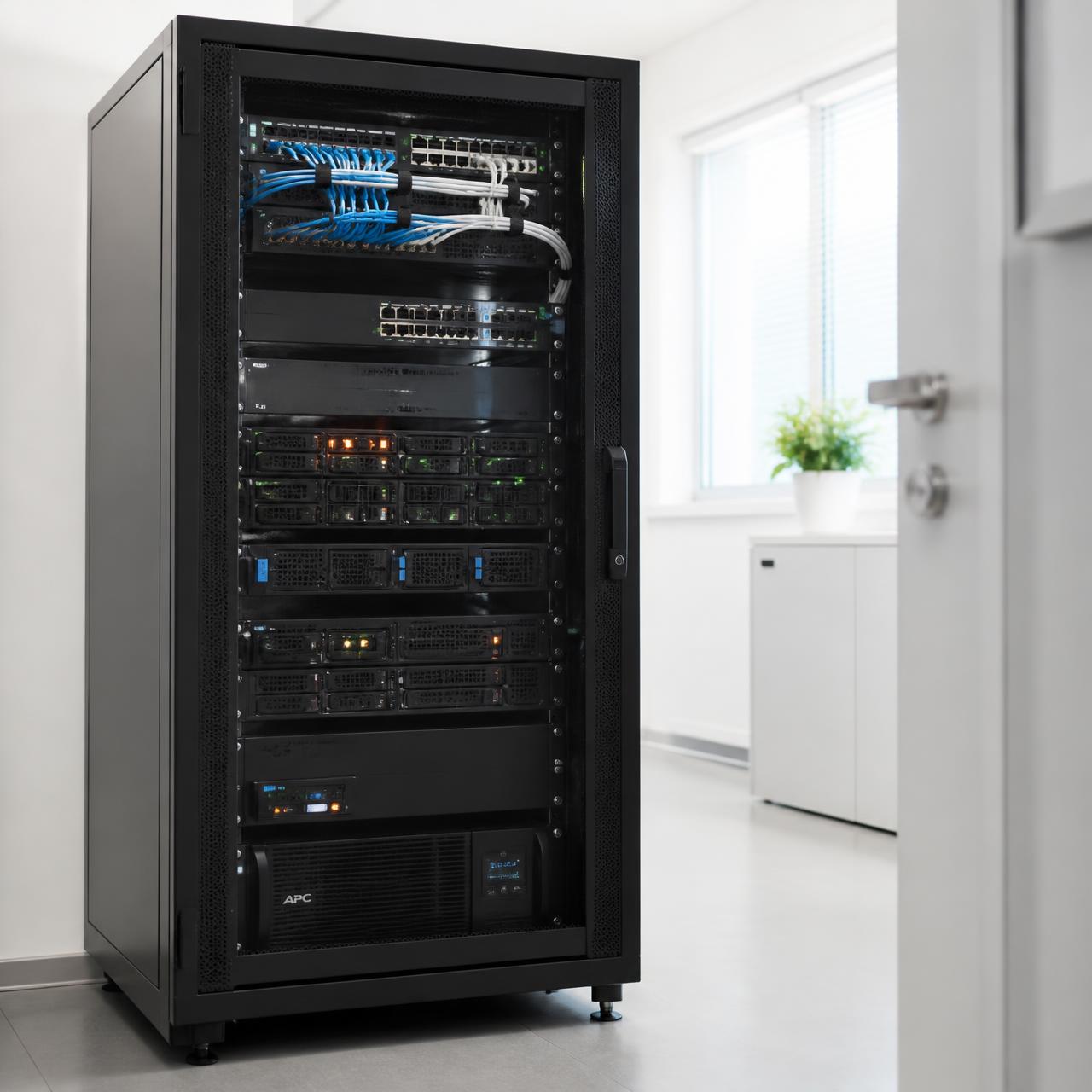 Single on-premise server rack with rack-mounted Zentyal servers in an office utility room