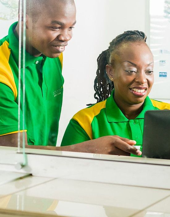 bank tellers working on a computer