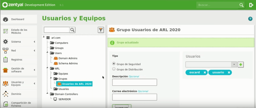 Gestión de los usuarios y grupos en Zentyal
